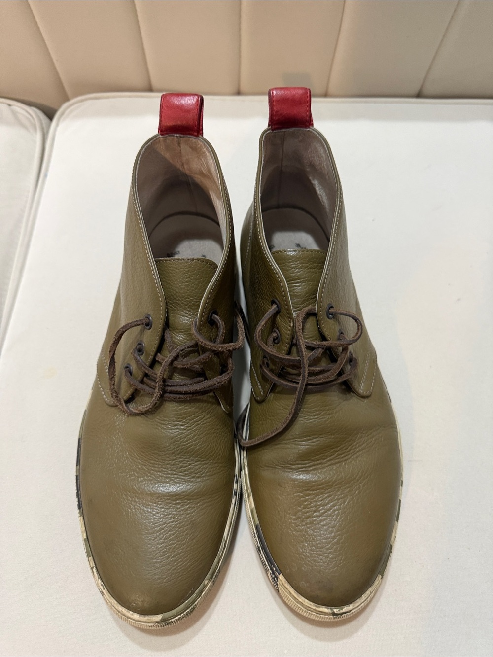Men's Olive Green Leather Chukka Boots with Red Heel Tab